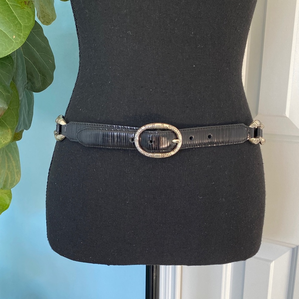 Brighton Medium 30 Black Leather Belt with Silver Buckle Engraved Detailing